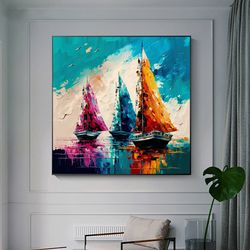 original colorful sailboat oil painting on canvas, abstract seascape acrylic painting, large wall art, custom art, livin