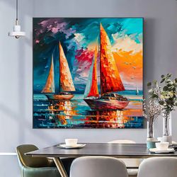 Original Colorful Sailboat Oil Painting on Canvas, Abstract Seascape Acrylic Painting Large Wall Art Custom Painting Liv