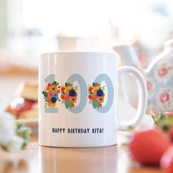 flower themed 100th birthday mug for her 100th birthday gift for her 100th gift floral design personalised gift