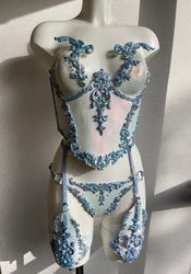 Sexy harnss set, Genuine leather bra panties corset, porcelain corset, women's leather corset.