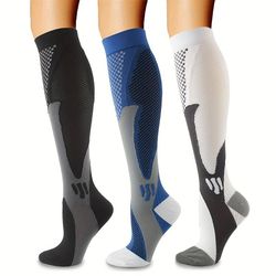 3pairs Men's Breathable Long Compression Socks, Outdoor Running Cycling Football Compression Sports Socks, Anti-fatigue,