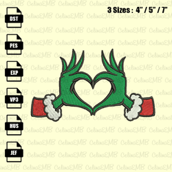 Grinch Heart Hands Christmas Embroidery Design, Christmas Embroidery File, Instant Download