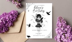 Wednesday Addams Black and White Birthday Invitation Download 5x7, Editable Digital Wednesday Printable Template