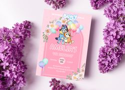 Bluey Birthday Invitation Download for Print or Text 5x7, Editable pink Digital Bluey and Bingo Printable Invite Templa