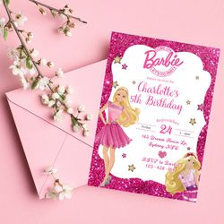 Barbie party Birthday Invitation Download for Print or Text 5x7, Editable Digital Barbie Printable Invite Templa