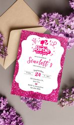 Barbie glitter Birthday Invitation Download for Print or Text 5x7, Editable Digital Barbie Printable Invite Template