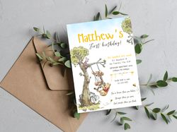 Winnie the pooh birthday Invitation Download for Print or Text 5x7, Self Editable Digital Template