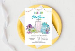 Monsters Inc inspired birthday 5x7 Invitation Download for Print or Text 5x7, Self Editable Digital Templates