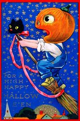 For A High Happy Halloween Boy Pumpkim Face Flying Broom Vintage Poster Repro
