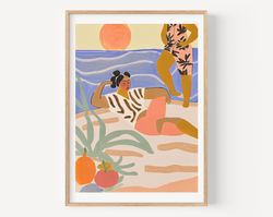 Sunset Poster with Women Multi Color Beach Seascape Painting Summer Wall Art Colorful Beach Print Beach House Decor Abst