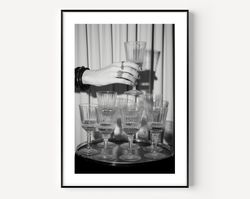 champagne glasses print, bar cart art, bar pub black and white wall art, vintage print, photography prints, museum quali