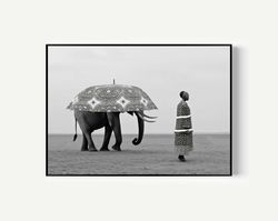 elephant with woman poster black-and-white wall art elephant photo large elephant poster elephant photography animal art