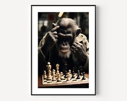 creative monkey print, monkey playing chess, black and white wall art, vintage print, photography prints, museum quality