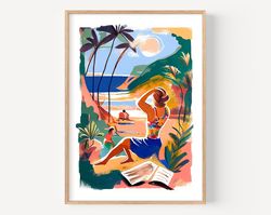 sunset woman poster abstracted painting of multicolored beach seascape painting summer print beach print for beach house