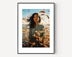 Surreal Landscape Artful, Surrealism Wall Art with Fish and Women Maximalist Decor,Moody Wall Art Prints,Trendy Painting
