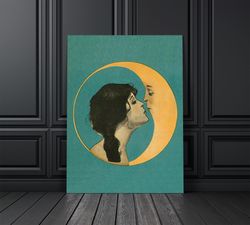 Vintage Moon Wall Art, Vintage Woman Kissing Moon Print, Crescent Moon, Man In The Moon, Art Nouveau Print, Antique Moon