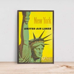 New York Statue of Liberty 1960s Classic Airline Travel Poster- Room Decor Wall Art - Canvas Fabric Print - Poster Gift