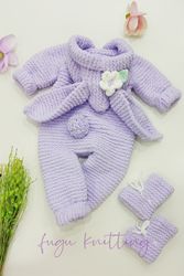 Newborn Handmade Lilac Flower Buckle Long Eared  Long Sleeve Long Legged Cute Rabbit Romper Coming Home Wear Baby Girl /