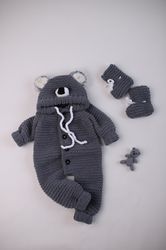 Knitted Koala Baby Rompers Warm Gray Color Toddler Jumpsuit with Big and Furry Ears/ Expectant Mom Gift/ Gift for  Infan