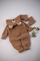 Teddy BEAR Newborn & Toddler Knittede Romper Brown Color Warm Handmade Customizable/ Gift for Baby Shower And Expectant
