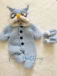 Special Design Handmade Knitted Light Blue Wise Owl Winter Jumpsuit for Baby/Customizable Toddler Owl Costume & Baby Gif