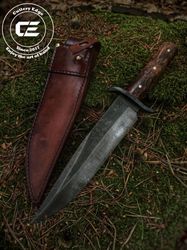 the wilderness artisan: custom handmade carbon steel oak wood hunting bowie knife with sharped cutting design