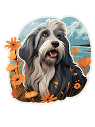 Sorry Im Late, I Was Reading.Cute Bearded Collie with flowers. Dog Lovers Art.