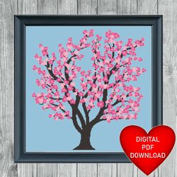 Pink Blossom Tree Cross Stitch Pattern, Instant PDF Download, X Stitching, Embroidery, DMC Floss, Sakura Cherry