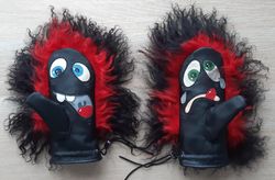 Winter warm red black lama fur mittens palms of leather. Handmade embroidered funny fur mittens Sofalee. The Christmas!