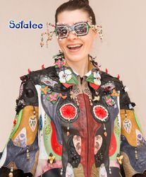 Real leather Jacket with beads shells, hand-painted, short sleeves, wide bracelets multicolored. Exclusive clothes.