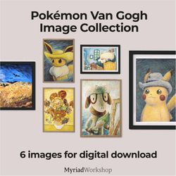 pokemon inspired by van gogh paintings, digital art instant download featuring pikachu, eevee, snorlax, smeargle