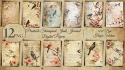 12 PNG Vintage Letter Paper Birds Printable Steampunk Junk Journal Pattern Pack Backgrounds Texture Digital Old Master P