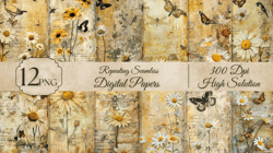 12 PNG Vintage Pastel Paper Floral Printable Daisy Junk Journal Pattern Pack Backgrounds Texture Digital Old Maste