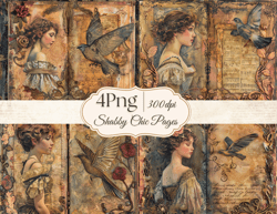 4 PNG Vintage Shabby Chic  Pages Printable Journal Pattern Pack Backgrounds Texture Digital Old