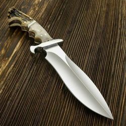 Custom Handmade D2 Steel Stag Antler Handle Hunting Bowie Knife with Leather Sheath