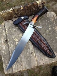 Custom Handmade D2 Steel Stag Horn Handle Hunting Bowie Knife with Leather Sheath
