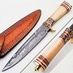 custom handmade damascus steel camel bone handle hunting bowie knife