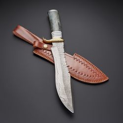 Custom Handmade Damascus Steel Camel Bone Handle Hunting Bowie Knife with Leather Sheath
