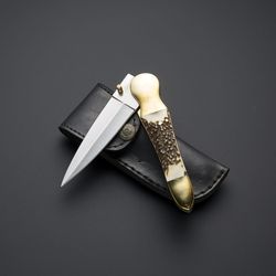 Custom Handmade D2 Steel Stag Horn Handle Hunting Folding Knife with Leather Sheath