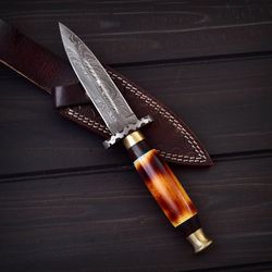 custom handmade damascus steel burnt dagger hunting knife with leather sheath