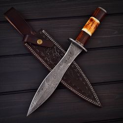 Custom Handmade Damascus Steel Bone Dagger Knife with Leather Sheath