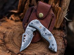 Custom Handmade Damascus Steel Folding Pocket Hunting Knife with Leather Sheath
