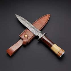 custom handmade damascus steel hunting dagger knife with leather sheath