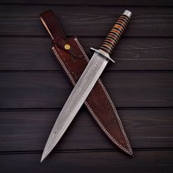 Custom Handmade Damascus Steel Rain Drop Hunting Knife with Leather Sheath