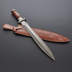 custom handmade damascus steel small hunting sword with leather sheath