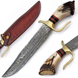 Custom Handmade Damascus Steel Stag Crown Handle Hunting Bowie Knife With Leather Sheath