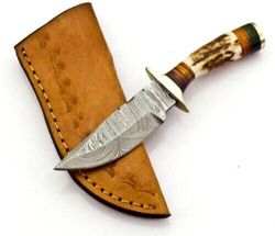 Custom Handmade Damascus Steel Stag Horn Handle Hunting Bowie Knife with Leather Sheath