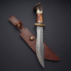 Custom Handmade Damascus Steel Stag Horn Handle Hunting Knife with Leather Sheath
