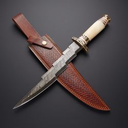 Custom Handmade Damascus Steel Zigzag Dagger Hunting Knife with Leather Sheath