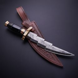 custom handmade damascus steel zigzag hunting bowie knife with leather sheath